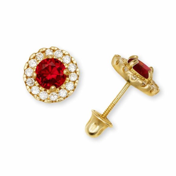 14K Solid Yellow Gold 8mm Halo Screw Back Birthstone Earrings w/ Sparkly Stones